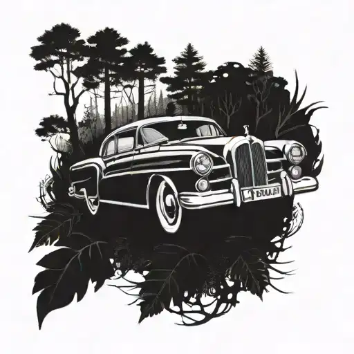 A Tattoo Design Featuring A Vintage Car Speeding Through A Forest Trail