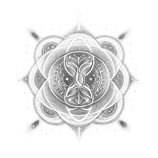 A Blackwork Tattoo Showcasing A Galaxy Merging With The Spiritual Symbol Of The Flower Of Life