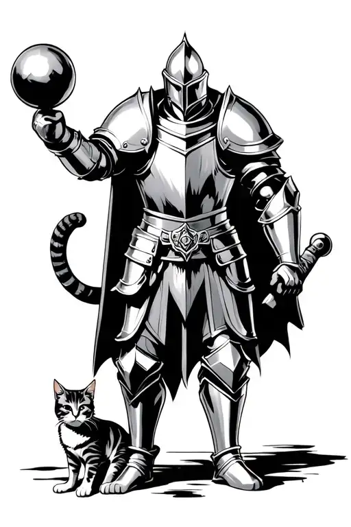 Knight In Heavy Armor With Balls In His Right Hand And A Cat In The Left