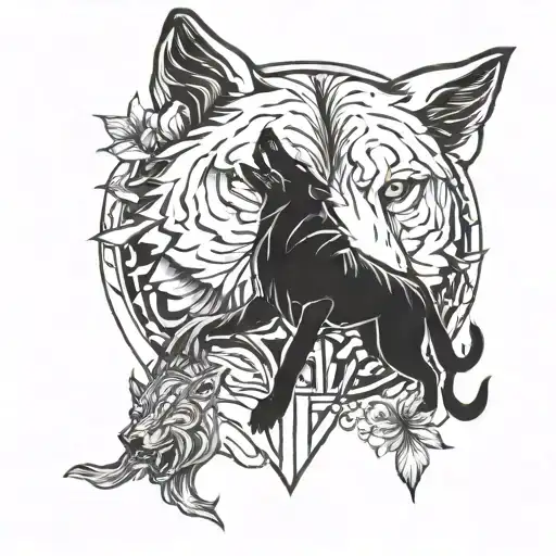 Incorporate Subtle Car Motifs Into A Blackwork Tattoo Featuring A Wolf And A Panther