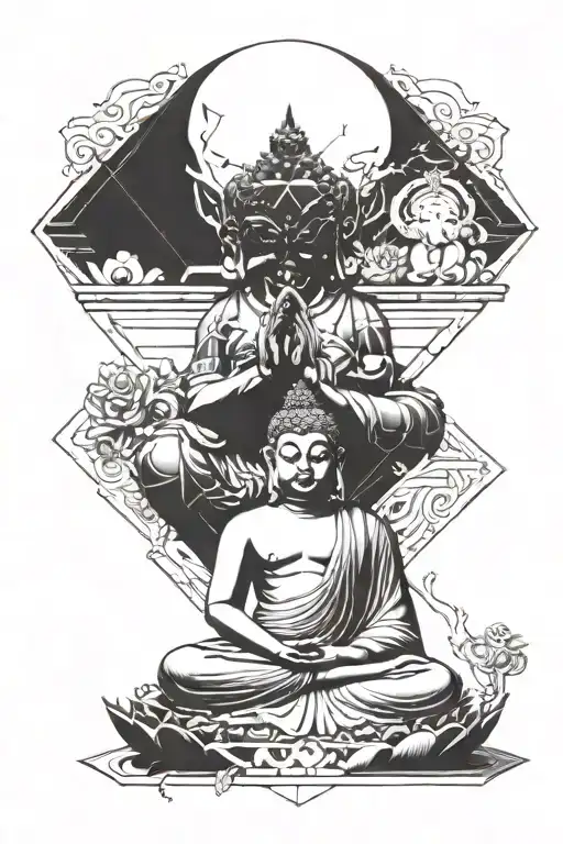 A Seated Buddha With The Head Of Ganesh Beneath Him And A Geometric Shape On Top Of Him