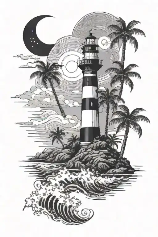 Palm Trees And Waves With A Lighthouse Shining And Stars And Moon In The Background