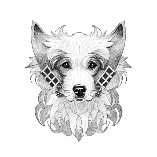 A Blackwork Tattoo Of A Majestic Dog With The Dominican Republic Flag Incorporated Into Its Fur