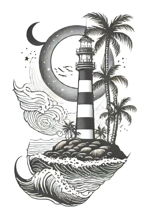 Palm Trees And Waves With A Lighthouse Shining At Night With A Crescent Moon And Stars Shining