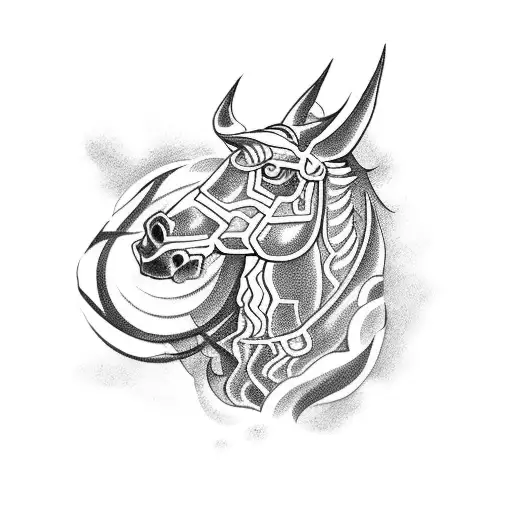 Create A Blackwork Tattoo Depicting A Demonic Creature Riding A Horse