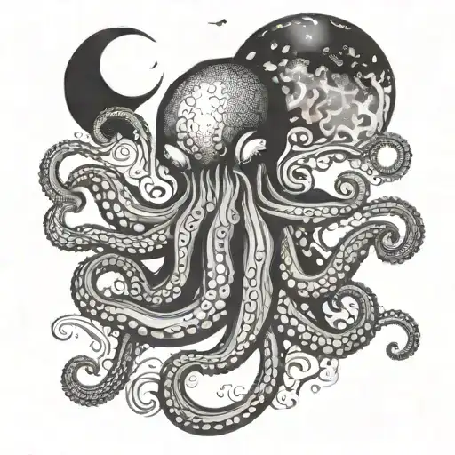 A Large Octopus Wrapping Around An Octopus At Night With A Crescent Moon