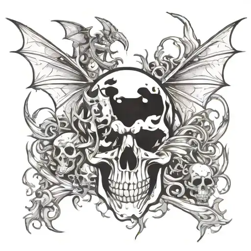 Skull And Dragons Fly And Ruines