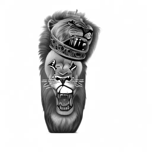 A Lion Wearing A Crown With Zues Inside Of Mouth
