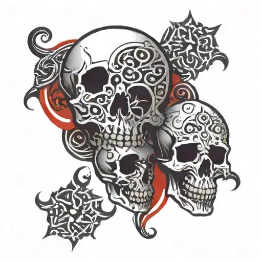 Red Background Shading And Sketch Tribal Skull In The Middle