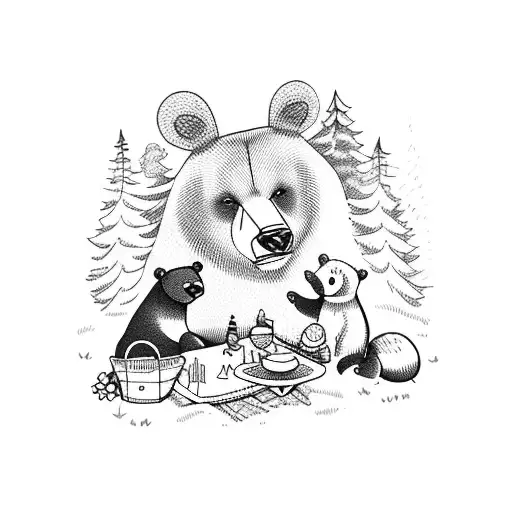 A Bear And Friends Enjoying A Picnic In A Forest