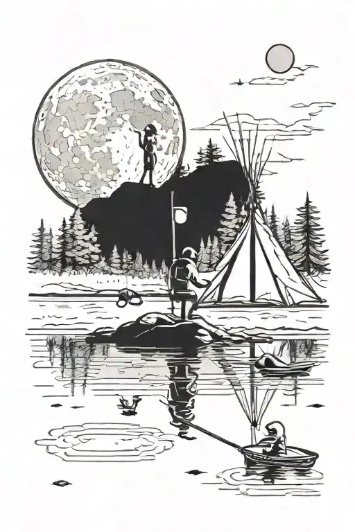 Stickman Fishing Sitting On The Moon Over A Camp Site By A Lake