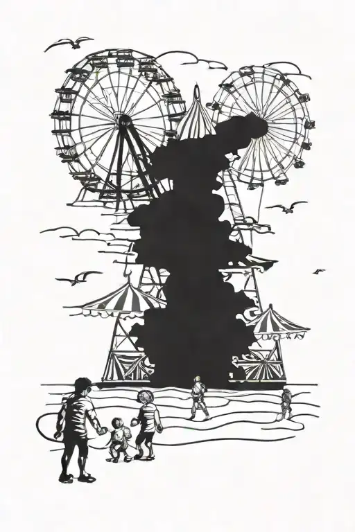 A Beach Scene With Children Playing In The Sand And Carnival Rides In The Background