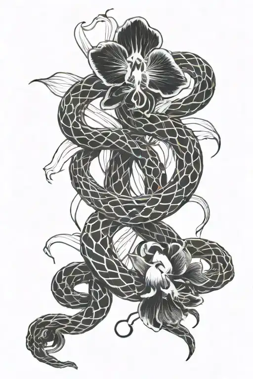 Snake Entwined On An Orchid