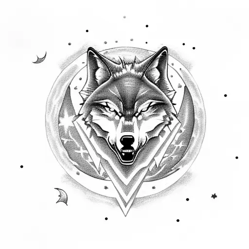 Agressive Wolf With Fire Eyes Under The Moon In Night With Sagittarius Theme