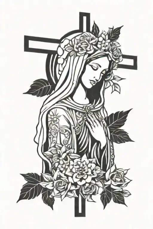 Unique Virgin Mary With Cross And Flowers