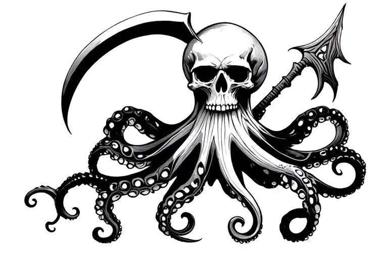 Octopus With A Skull For A Head Holding A Scythe And A Spear