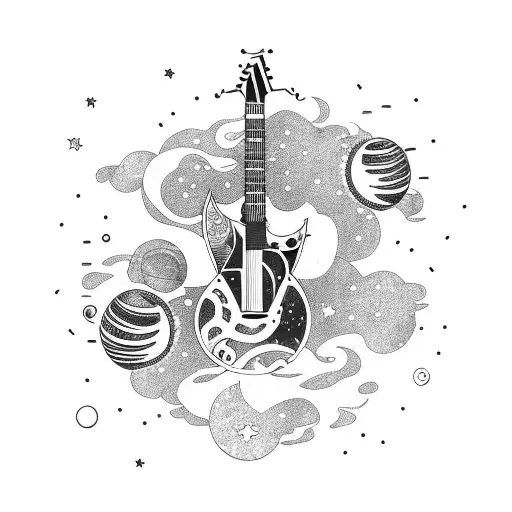 A Cosmic Guitar Floating In Space Surrounded By Swirling Galaxies
