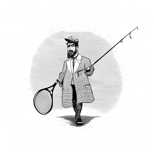 A Salesman Holding A Paddle Tennis Racket And A Fishing Rod