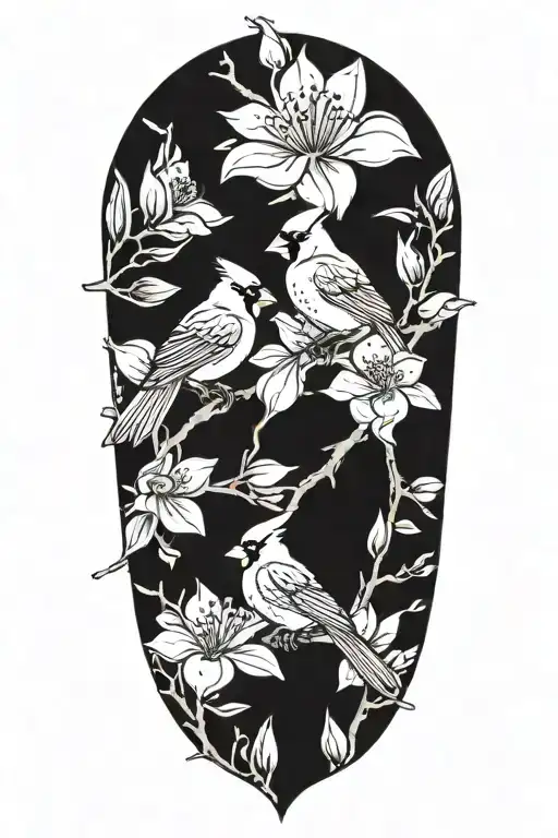 Cardinals Perched On Magnolia And Dogwood Flowers With No Background