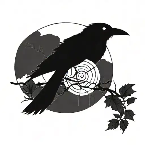 A Minimalist Design Of A Crow Perched On A Branch With Sharingan Eyes In Blackwork Style