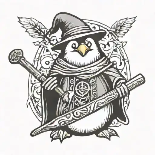 Wizard Penguin With Beard Holding Staff No Hat