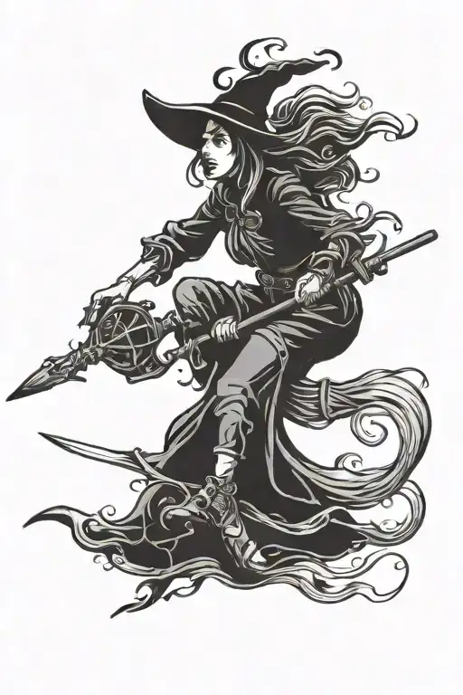 Witch Riding A Broomstick Flying