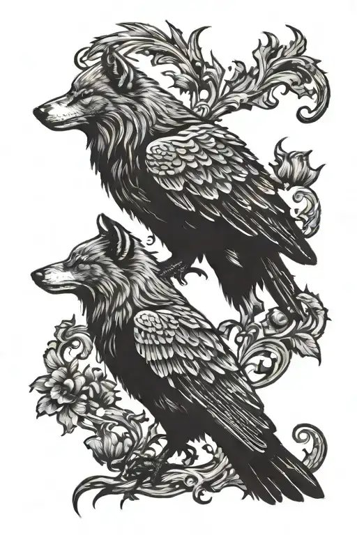 A Wolf And A Raven Back To Back Facing Opposite Direction In Black