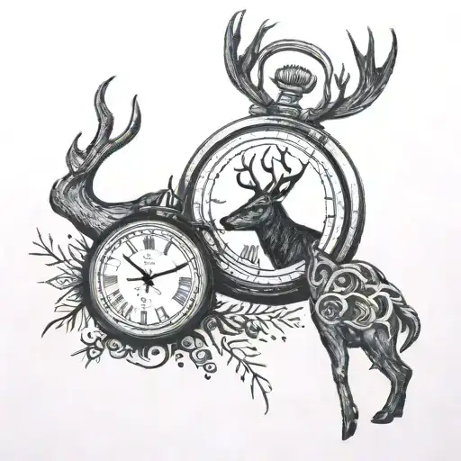 Compas Pocket Watch And Deer Head With Trees