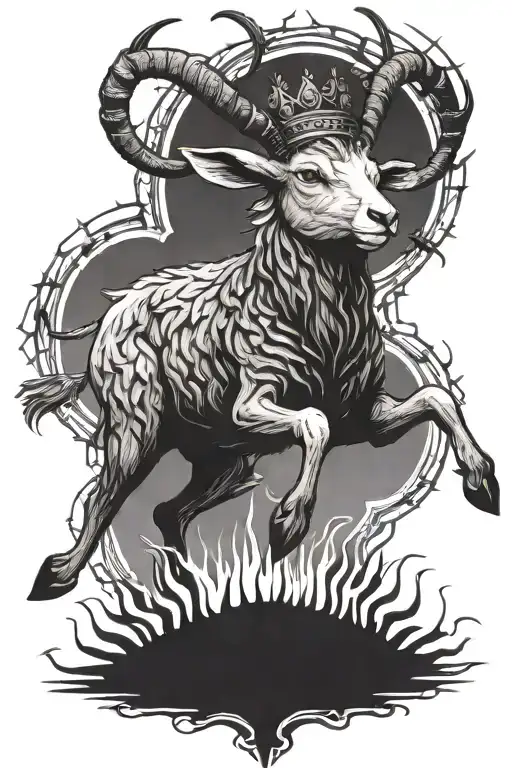 Full Body Lamb Jumping With Crown Of Thorns And Flaming Eyes Gothic Style