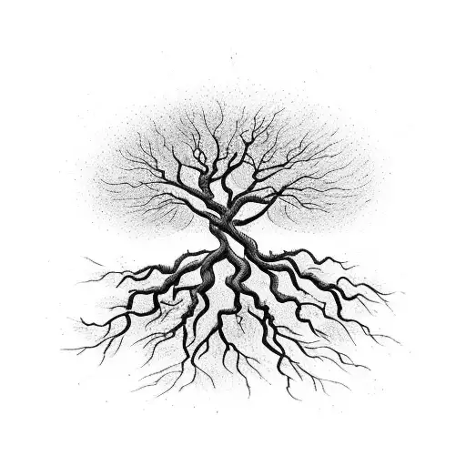 A Blackwork Tattoo Of A Tree With Roots Spreading Into A Nebula
