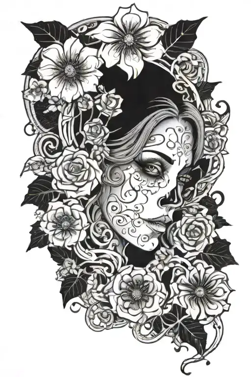 Female Ghost With Empty Eyes And Spider Crawling Out And Flowery Background