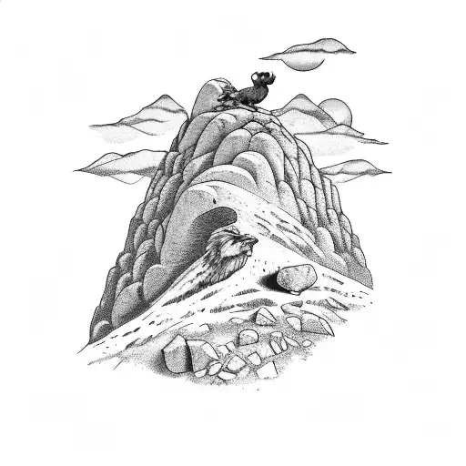 Sisyphus Rolling Boulder Up A Mountain Hill Where An Eagle Is Waiting For Him