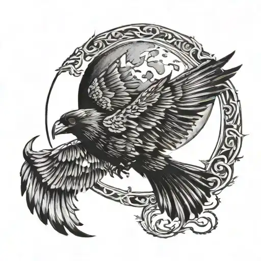 A Crescent Moon Shining As A Raven Is Flying Past It