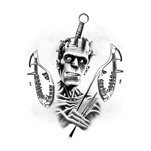 A Tattoo Design Of Frankenstein's Monster Playing A Musical Instrument In A Nature Setting