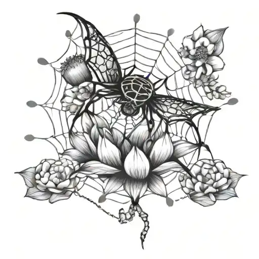 Spider Web With Lotus Flowers And Spider