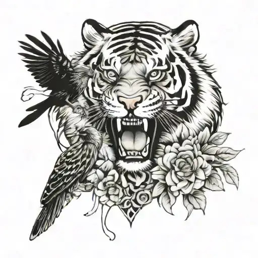 Tiger And A Crow With A Flower In Its Mouth