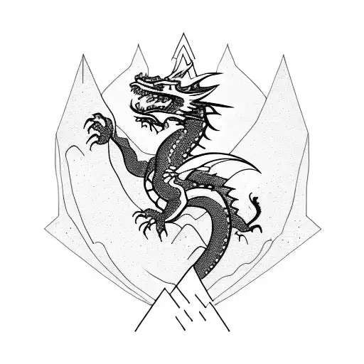 A Dragon Soaring Over A Mountain Peak In A Blackwork Style