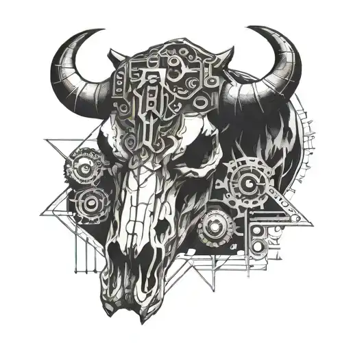 A Geometric Interpretation Of A Bull Skull Intertwined With Coal Mining Tools And Machinery