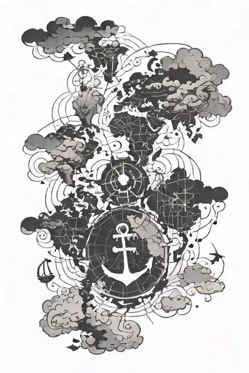 Cloudy Background Black And White World Map With Direction And Anchor In Between
