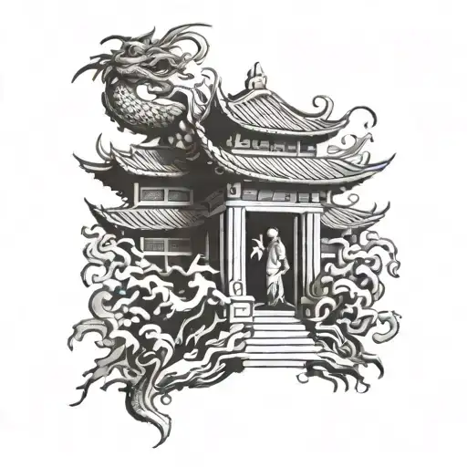 Temple Chinese With Samurai And Dragon Emerging