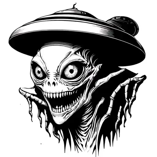 Ufo Above Scary Alien With 3 Eyes