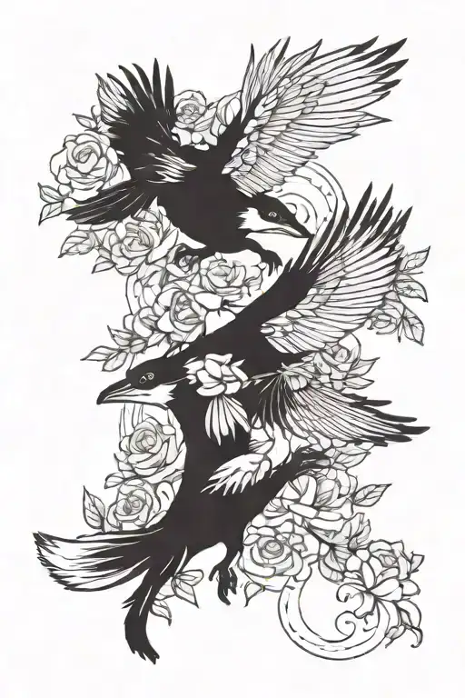 One Fox Jumping A Raven And Flowers