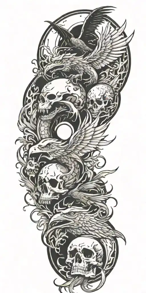 Dragon And Phoenix And Skull And Moon And Raven