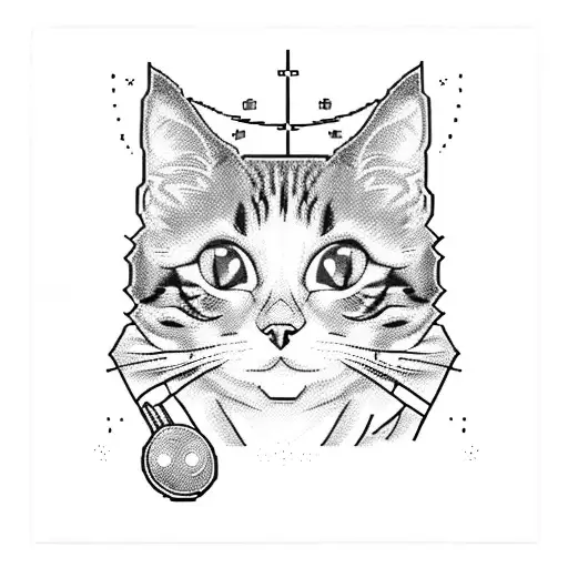 A Blackwork Design Featuring A Pixelated Cat Playing A Video Game