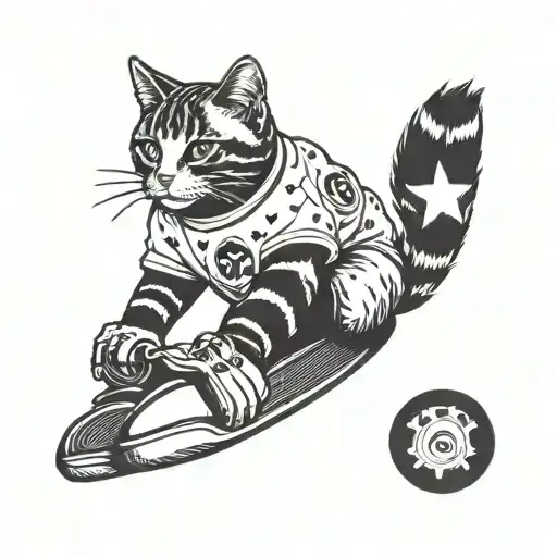 A Blackwork Tattoo Of A Cat Wearing A Steelers Jersey Playing Disc Golf With Its Kittens