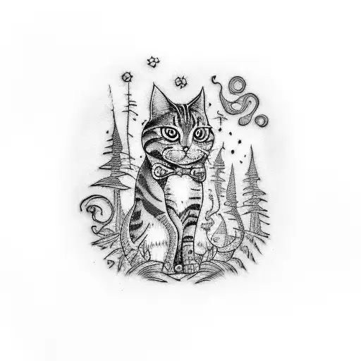 A Tattoo Design Of Tim Burton-inspired Cats In A Spooky Forest