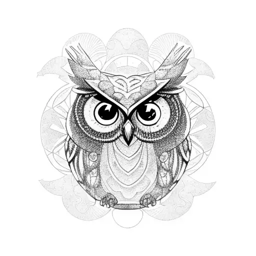 An Intricate Blackwork Tattoo Of An Owl Perched On A Moon-shaped Rock