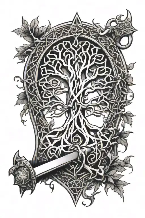 Celtic Tree Encasing A Sword With A Shield At The Base Of The Tree