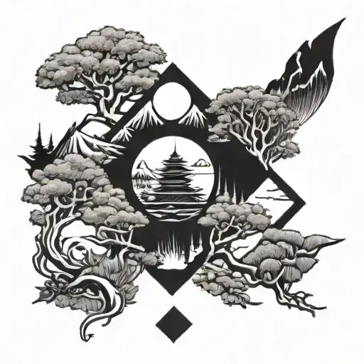 Yen Yang Symbol With Mountians On One Side And Trees On The Other Side