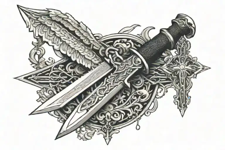 Bowie Knife With Eagle Eyes On Blade And Attached To A Cross Necklace